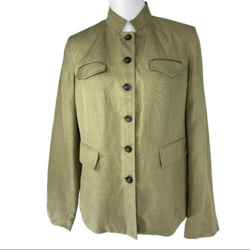 Talbots Womens‎ Olive Green Silk Linen Mandarin Collar Utility Blazer Jacket 10